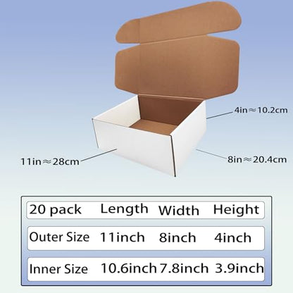 11x8x4 inch Shipping Boxes Set of 20, White Corrugated Cardboard Mailer Box - size: 11x8x4 -20 Pack