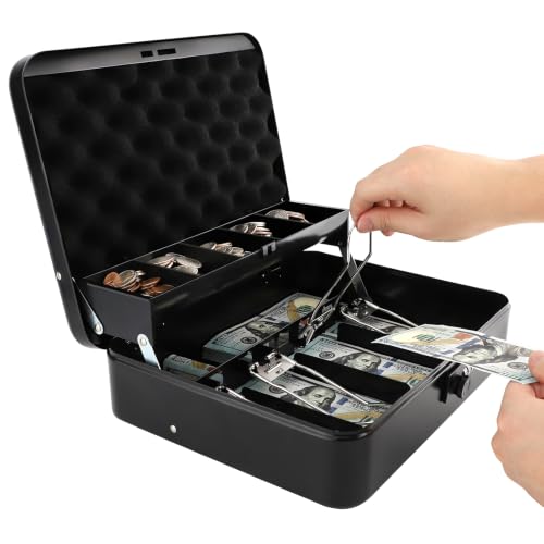 Cash Box with Combination Lock and Money Tray, Durable Metal Money Box for Cash Register, 4 Bill / 5 Coin Slots, Safe Storage for Home & Small Business, 11.8" x 9.5" x 3.5", Cmb-Black - color: Cmb-Black