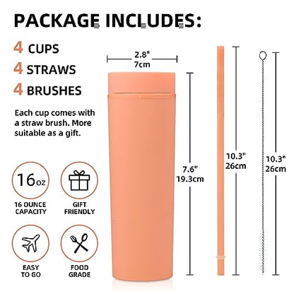 Volhoply 16oz Plastic Skinny Tumbler With Lid and Straw Bulk 4 Pack,Insulated Double Wall BPA Free Matte Acrylic Tumblers,Iced Coffee Travel Mug Reusable Party Cup,Customizable Diy Gifts(Orange,4 Set) - color: Orange