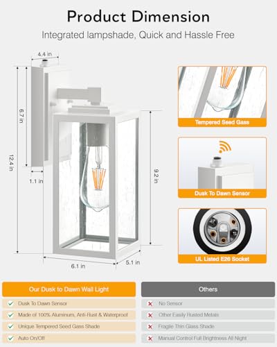 VIANIS White Dusk to Dawn Outdoor Wall Lantern, Anti-Rust, Waterproof - color: White, size: Standard Dusk to Dawn 2-Pack