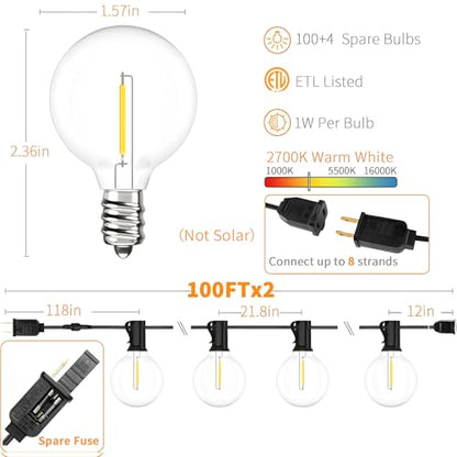 Svater 200 FT Outdoor String Lights for Outside Patio 104 Bulbs Waterproof - size: 200FT