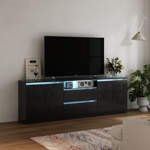 Bobve Modern TV Stand for TVs Up to 100",LED TV Console,Long Entertainment Center with 2 Drawer/2 Cabinets,Universal TV Stand for Living Room,Bedroom,Black,3 Light Modes - color: Black