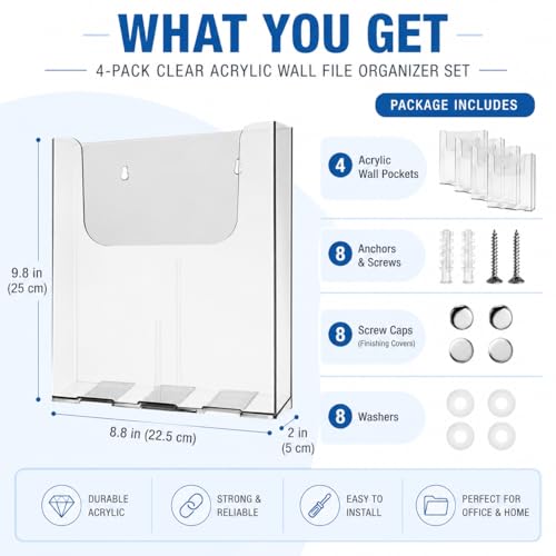 Cabilock 4 Pcs Acrylic Wall File Organizer Clear Vertical Paper Folder Holder Wall Mount Magazine Pocket Brochure Stand for Office Desk 9.8x8.8 In (4PCS) - color: 4PCS