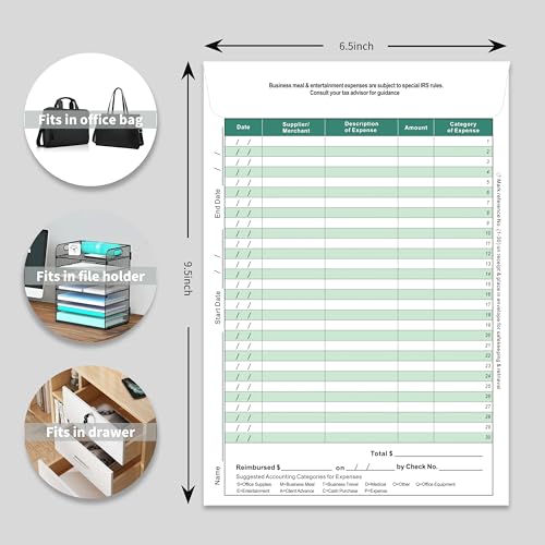 Receipt Organizer Envelopes, 6.5x9.5 Inches, 12-Pack, Green, All-in-One Expense Tracker with Ledger & Mileage Log for Business Receipts Storage - color: Green-12
