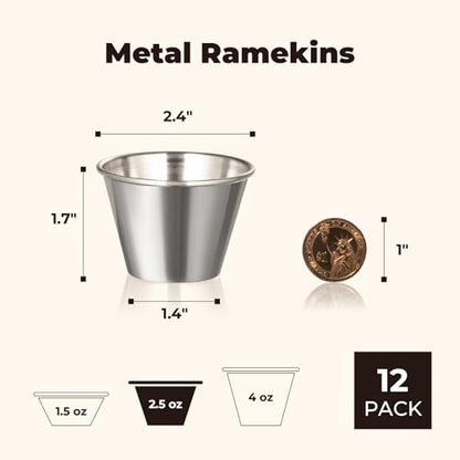 Fit Meal Prep [12 Pack 2.5 oz Stainless Steel Dipping Sauce Cups, Reusable Metal Ramekins, Commercial Grade Condiment Bowls, Individual Portion Cups, Small Round Au Jus Cup for Home, Restaurant - size: 2.5 oz