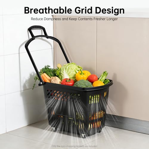 6PCS Shopping Basket 35L Portable Plastic Rolling Shopping Cart with Wheels - color: Black