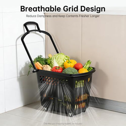 6PCS Shopping Basket 35L Portable Plastic Rolling Shopping Cart with Wheels - color: Black