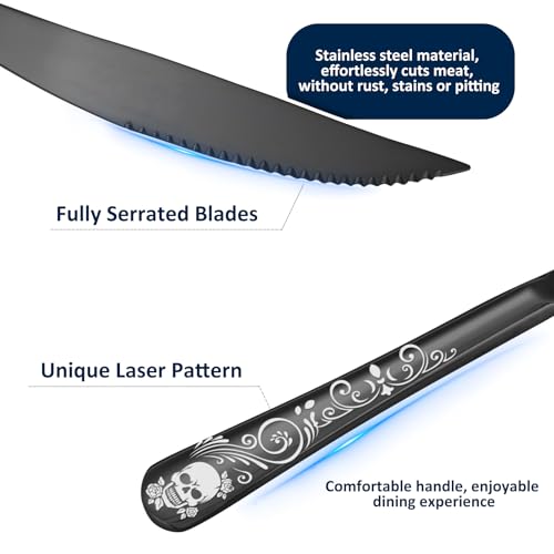 Skull Ultra Sharp 2-IN-1 Serrated Knives, SANLUNS Chef Knife Set Serrated Knives of 12 - Professional Design Collection - 18/0 Stainless Sharp Dinner Knive Unique Skull Pattern Design - color: 10-Steak Knife-12Pc-Black-Skull