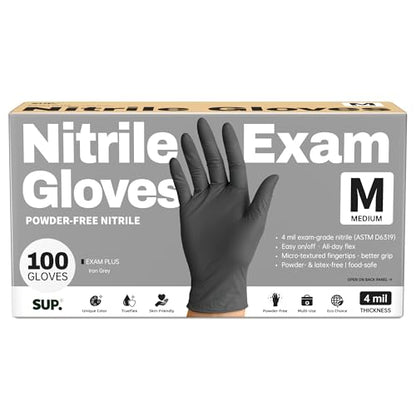 Nitrile+ SUP Exam Plus Gloves, Powder-Free Disposable, Black 100 Count - color: Medium (Iron Grey)