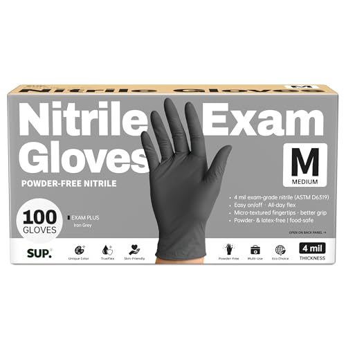 Nitrile+ SUP Exam Plus Gloves, Powder-Free Disposable, Black 100 Count - color: Medium (Iron Grey)