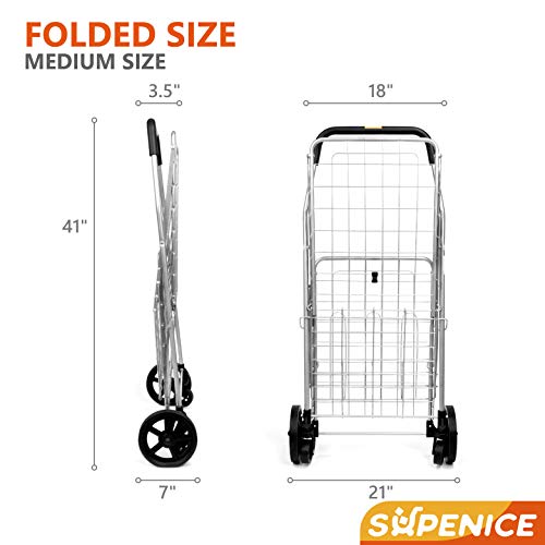 Grocery Utility Shopping Cart - Deluxe Folding Cart with Double Basket and 360° Rolling Swivel Wheels 66 lbs Utility Cart with Wide Cushion Handle Bar for Grocery Laundry Book Luggage Travel - size: Medium