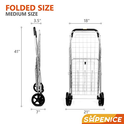 Grocery Utility Shopping Cart - Deluxe Folding Cart with Double Basket and 360° Rolling Swivel Wheels 66 lbs Utility Cart with Wide Cushion Handle Bar for Grocery Laundry Book Luggage Travel - size: Medium