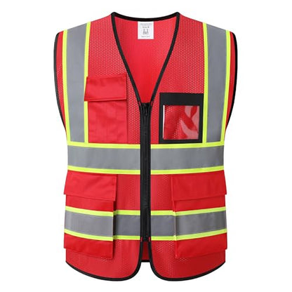 Reflective Safety Vest for Men Women Hi Vis Vest with 8 Pockets High Visibility Mesh Reflective Vest (Red-07,Medium) - color: Red, size: Medium