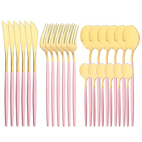 Mirror Cutlery Serving Set, 24-piece 18/0 Stainless Steel Silverware With Pink Handle Simple & Modern Tableware For Home Party Restaurant Christmas Dinner, Service For 6 (Pink Gold) - color: Pink gold