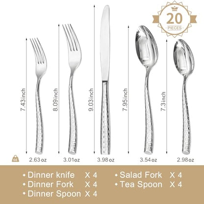 KINGSTONE Hammered Flatware Set, 20-Piece 18/10 Stainless Steel Silverware - size: 20-Piece