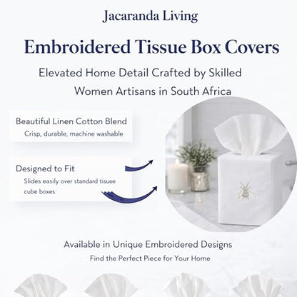Jacaranda Living Square Tissue Box Cover, Linen/Cotton Fabric Tissue Holder, Decorative Cloth Tissue Cube Cover, Embroidered Bee Designs, Napoleon Bee Wreath (Duck Egg Blue) - color: Napoleon Bee Wreath (Duck Egg Blue)