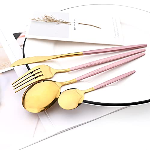 Mirror Cutlery Serving Set, 24-piece 18/0 Stainless Steel Silverware With Pink Handle Simple & Modern Tableware For Home Party Restaurant Christmas Dinner, Service For 6 (Pink Gold) - color: Pink gold