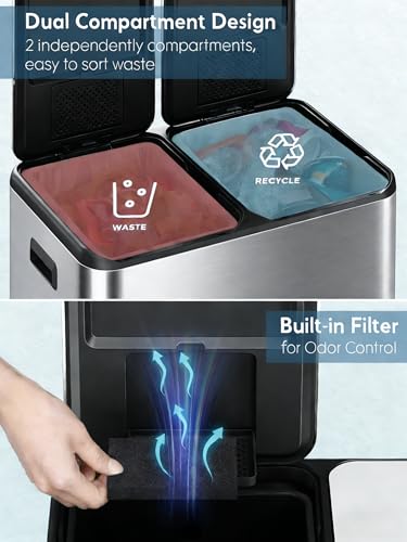 Arlopu 16Gal Dual Trash Can w/2 Built-in Box for Odor Control - color: Silver