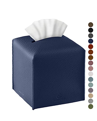 Tissue Box Cover, Jeethemy Square PU Leather Tissue Box Holder, Modern Tissue Case Facial Paper Organizer Dispenser，5X5X5'',Single Navy Blue - color: Single Navy Blue