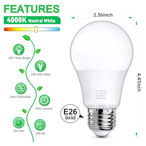 MAXvolador A19 LED Light Bulbs, 100 Watt Equivalent LED Bulb, 1100 Lumens Neutral White 4000K E26 Medium Base, Non-Dimmable 11W LED Bulb 12-Pack - color: Neutral White