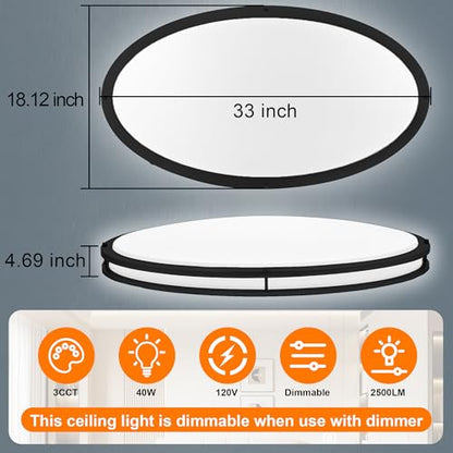 33 Inch Oval Black Ceiling Light Fixture for Living Room - 33” Black LED Flush Mount Ceiling Lamp 3000K/4000K/5000K LED Kitchen Bathroom Light 40W 2500LM - color: Black, size: 33 inch - 1 Pack