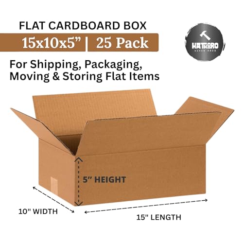 Shipping Boxes 15"L x 10"W x 5"H (25-Pack) | Flat Corrugated Cardboard Single-Wall Medium Kraft Boxes for Moving, Packing and Storage - size: 15x10x5