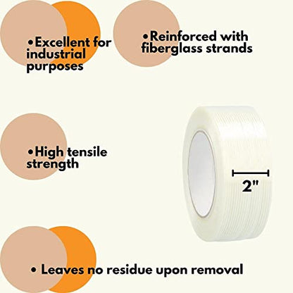 PSBM Filament Tape, 12 Rolls, 4 Mil Thick, 2 Inch Wide, 60 Yards Per Roll, Total 720 Yards, High Tensile Strength, Fiberglass Reinforced, Ideal for Bundling, Sealing, Palletizing & Securing - size: 2" - 2 Case, style: 105 lb/in