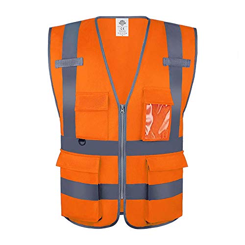 Dazonity High Visibility Safety Vest with Multi Pockets and Zipper, XL,Reflective Strips, Fit for Men & Women, Work, Construction,Cycling, Runnning, Surveyor, Volunteer (Orange-XL) - color: Orange-xl