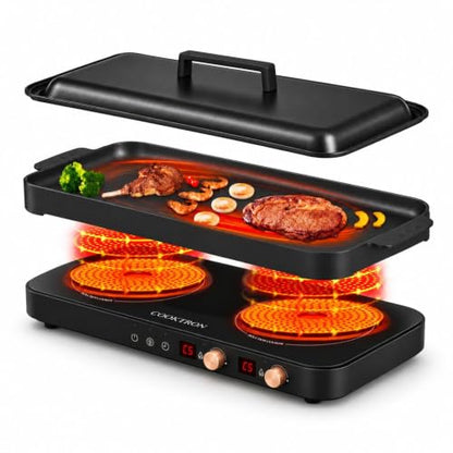 COOKTRON Portable Induction Cooktop 2 Burner with Griddle Pan, 1800W, Black - size: Double Induction Cooktop with Griddle Pan