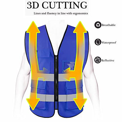 HYCOPROT High Visibility Safety Reflective Vest with Pockets and Zipper, Meets ANSI/ISEA Standards - color: Blue, size: X-Large