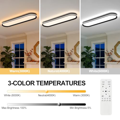 ADISUN Modern LED Ceiling Light Dimmable Linear Ceiling Light 31in Semi Flush Mount Long Lights with Remote Control and Side Lighting for Living Room Kitchen Dining Room (65W) - color: Black-1Pack, size: 31 Inch