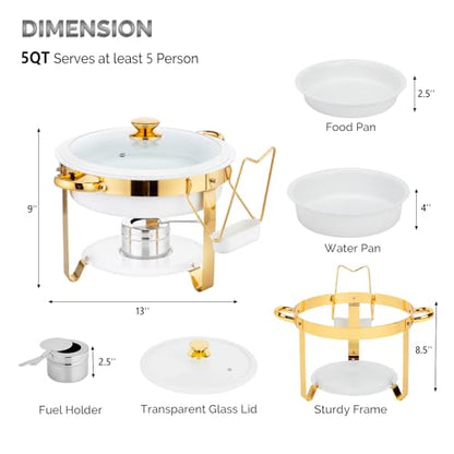 ROVSUN 6QT Chafing Dishes for Buffet 4 Pack, [Game Changer Maifanite-Coated] Chafing Dish Buffet Set, [Unique White & Gold Color] Chafers and Buffet Warmers Sets with Lid Holder for Party Wedding - color: White-gold