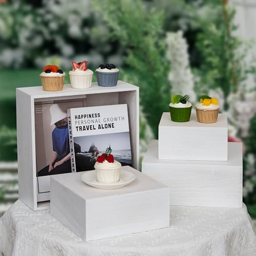 4 Pieces Wooden Cake Stands,Natural Wite Cupcake Stands for Display,12 inches Square Wooden crates,Wood Display risers for Wedding,Birthday Party,Christmas,etc. (Natural White) - color: Natural White