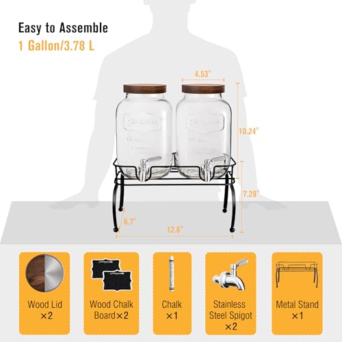 Mustry 1 Gallon Glass Drink Dispenser for Parties with Stand, 2 Pcs - size: Double, with Stand