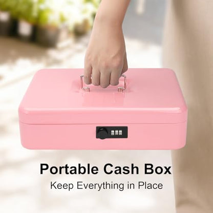 Jssmst Metal Cash Box with Money Tray and Lock, Portable Cash Drawer, 11.8" - color: Pink Code-C