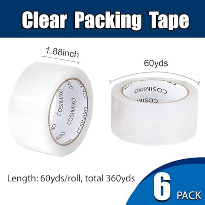 COSIMIXO Heavy Duty Packing Tape 2.7mil x 1.88" x 60 Yards, 6 Rolls,Industrial 3" Core, Clear, Great for Packing, Shipping & Moving - size: 2.7Mil x 1.88" x 60Yds 6-Pack