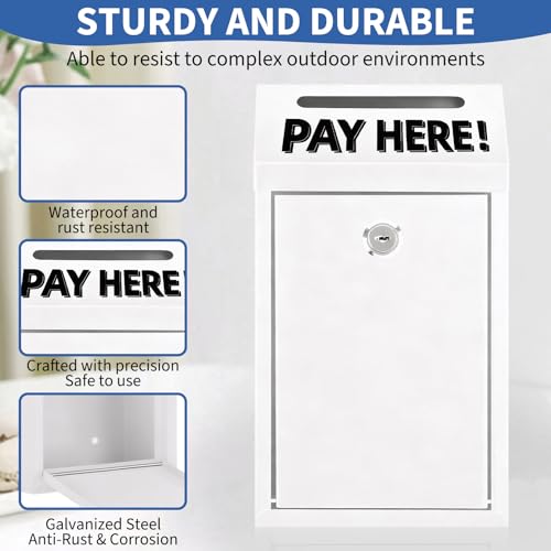 Cash Money Box with Slot – 10.2In Metal Donation Box with Lock for Cash Deposit,Wall Mounted Money Drop with Lock and Slot for Home/Farm/Office/Outdoors (White) - color: White