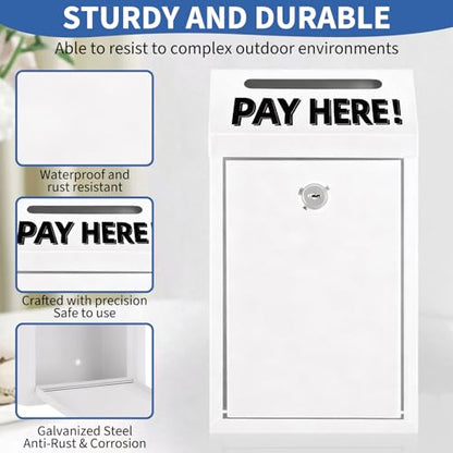 Cash Money Box with Slot – 10.2In Metal Donation Box with Lock for Cash Deposit,Wall Mounted Money Drop with Lock and Slot for Home/Farm/Office/Outdoors (White) - color: White