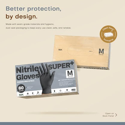 SUPER+ Black Nitrile Gloves HEAVY DUTY 6 Mil Disposable Chemical Resistant Powder & Latex Free Medical Food Safe, 60/600 Ct - color: 60 Medium (Black)