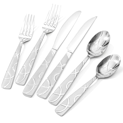 HIKAA 24PCS Stainless Steel Silverware Set with Steak Knives, Modern Flatware Set for Kitchen, Mirror Polished Cutlery Set with Forks, Spoons and Knives，Dishwasher Safe - size: 24-Piece