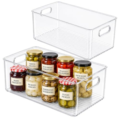 Plastic Food Storage 2 Pack Clear Container Bin with Handles for Organizing Kitchen, Pantry, Refrigerator, Freezer, Pantry, Cabinet, Closet, Bathroom. 12”x8”x5” - size: 12x8x5