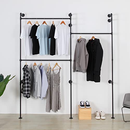 Wall Mounted Industrial Pipe Clothing Rack Garment Racks Pipeline Vintage Rolling Rack On Wall, Heavy Duty Rustic Gold Metal Garment Frame for Bedroom, Living room (Black) - style: 3-Hanging Black