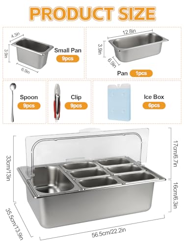 Pizza Topping Station 9 Pans Stainless Steel Salad Bar for Home - color: Silver, size: 9 Pans
