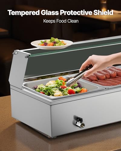VEVOR Commercial Food Warmer, 1500W Electric Stainless Steel Steam Food Warmer with Glass Cover, Countertop Buffet Bain Marie with Five 1/2 Size Food Pans, for Catering, Restaurant, Party & Buffets - size: 5*1/2Pan