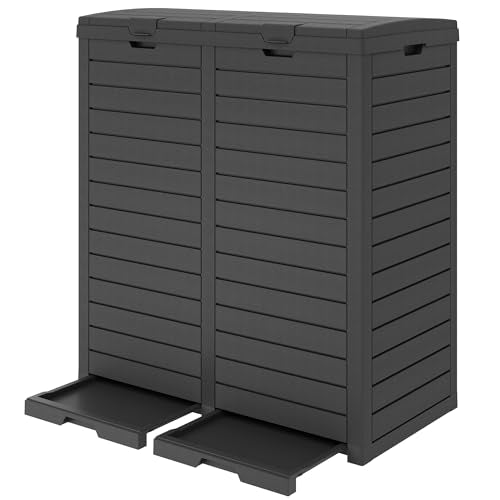 Outdoor Trash Can with Lid and Drip Tray, Waterproof Resin Hideaway Outdoor Garbage Can, Large Trash Can Outside for Patio, Garage, Backyard, Garden, Deck, Pool, Black (62 Gallon) - color: Black, size: 62 Gallon