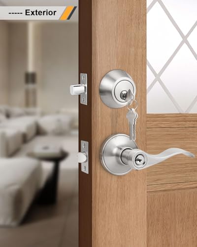 Gobrico 6 Keyed-Alike Entry Lever and Single Cylinder Deadbolt Combination Locksets, Satin Nickel Finished, Front Door Handle and Deadbolt with Same Key - color: Satin Nickel, size: 6 Pack