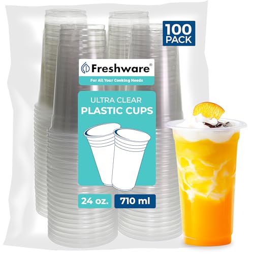 Freshware 24 oz Clear Disposable Plastic Cups, 100 Pack Clear Plastic Cups Tumblers, Heavy-duty Party Glasses, Disposable Cups for Thanksgiving, Halloween, Christmas Party - size: 24 oz. [100-PK]