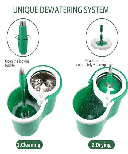 Hand Free Household Mop and Bucket with Wringer Set,Operable 360 ° Rotating Mop Bucket Set with 3 Microfiber Replacement Head and Stainless Steel 56" Extended Handle for Office and Home use(Green)
