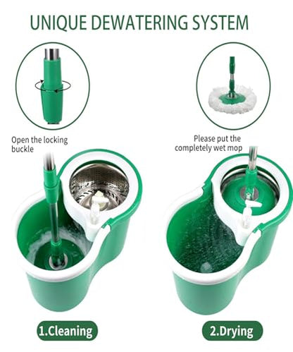 Hand Free Household Mop and Bucket with Wringer Set,Operable 360 ° Rotating Mop Bucket Set with 3 Microfiber Replacement Head and Stainless Steel 56" Extended Handle for Office and Home use(Green)