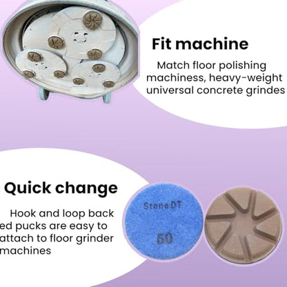 Hybrid Diamond Polishing Pucks, 3’’ Floor Grinding Pads for Hard Concrete Surface, Compatible with Ride-on/Walk-Behind Floor Grinder, Aggressive Ceramic Bond, 50#, 9PCS - style: 50# 9PCS